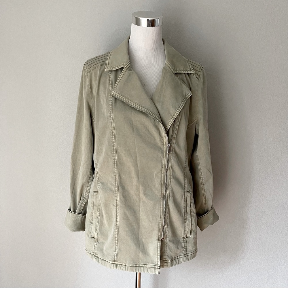 Chicos Olive Side Zip Motor Bike Jacket Size 12/14